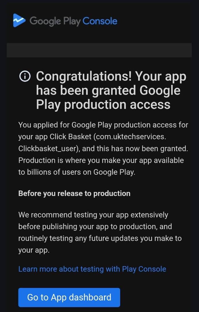 Google Play Console production access approved thanks to our 14 days testers